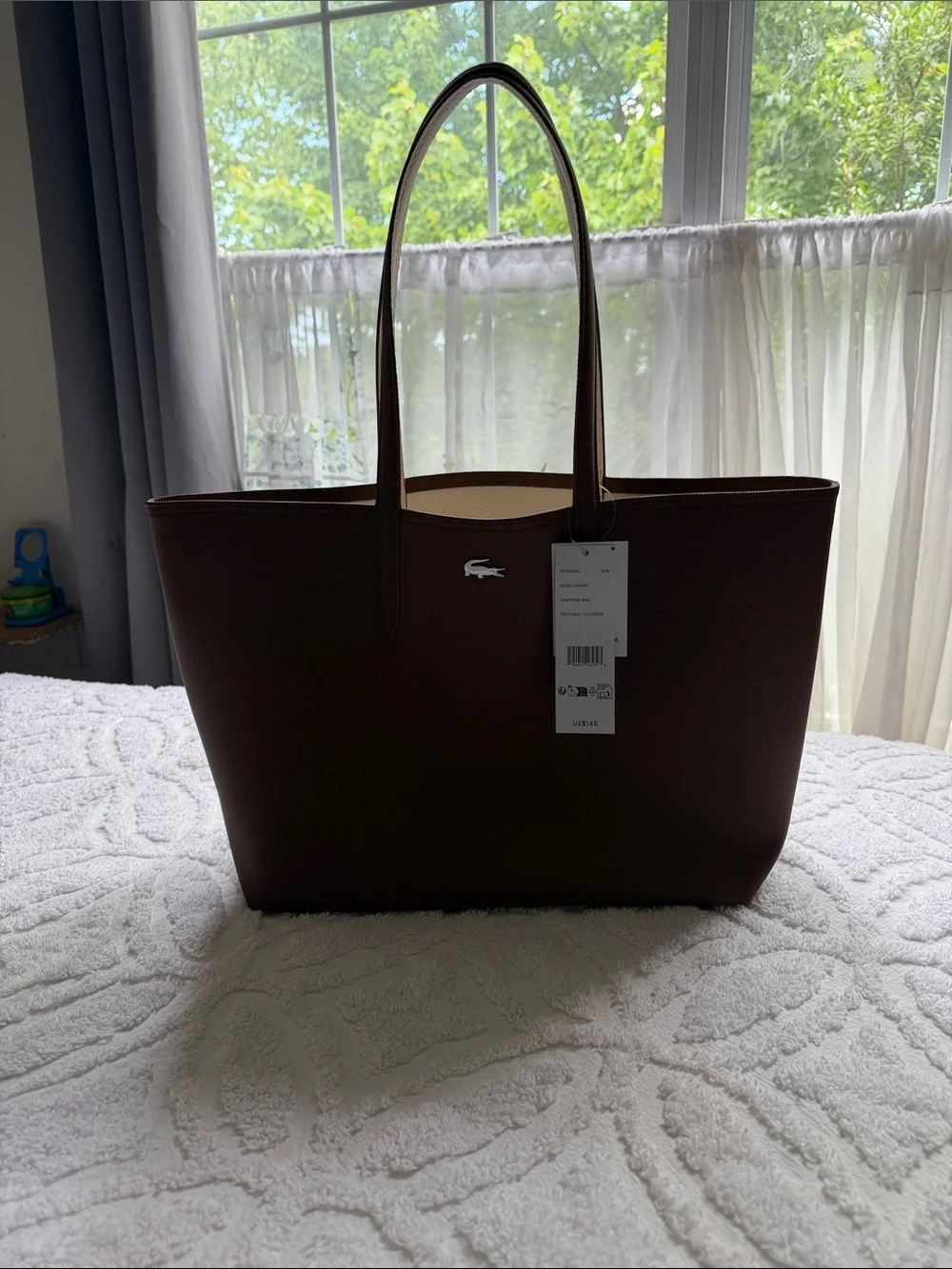 Brand new Lacoste Dark Brown Reversible Leather Tote with Croc Logo